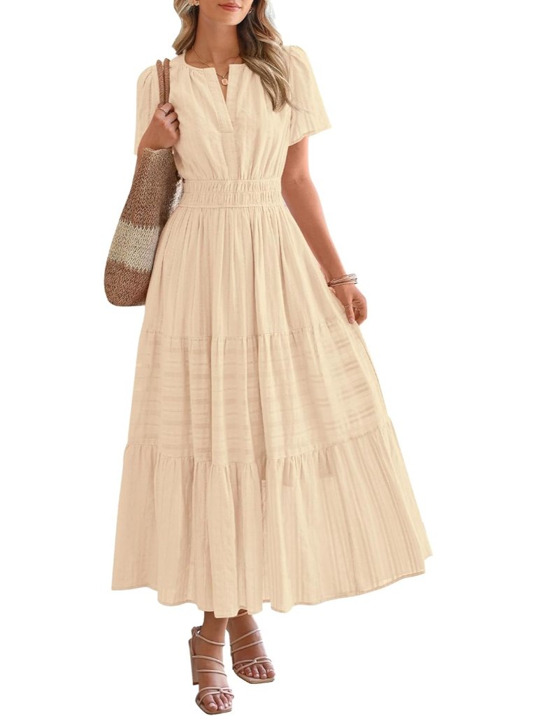 Women's Apricot Summer Casual Midi Maxi Dresses Lightweight Short Sleeve V Neck